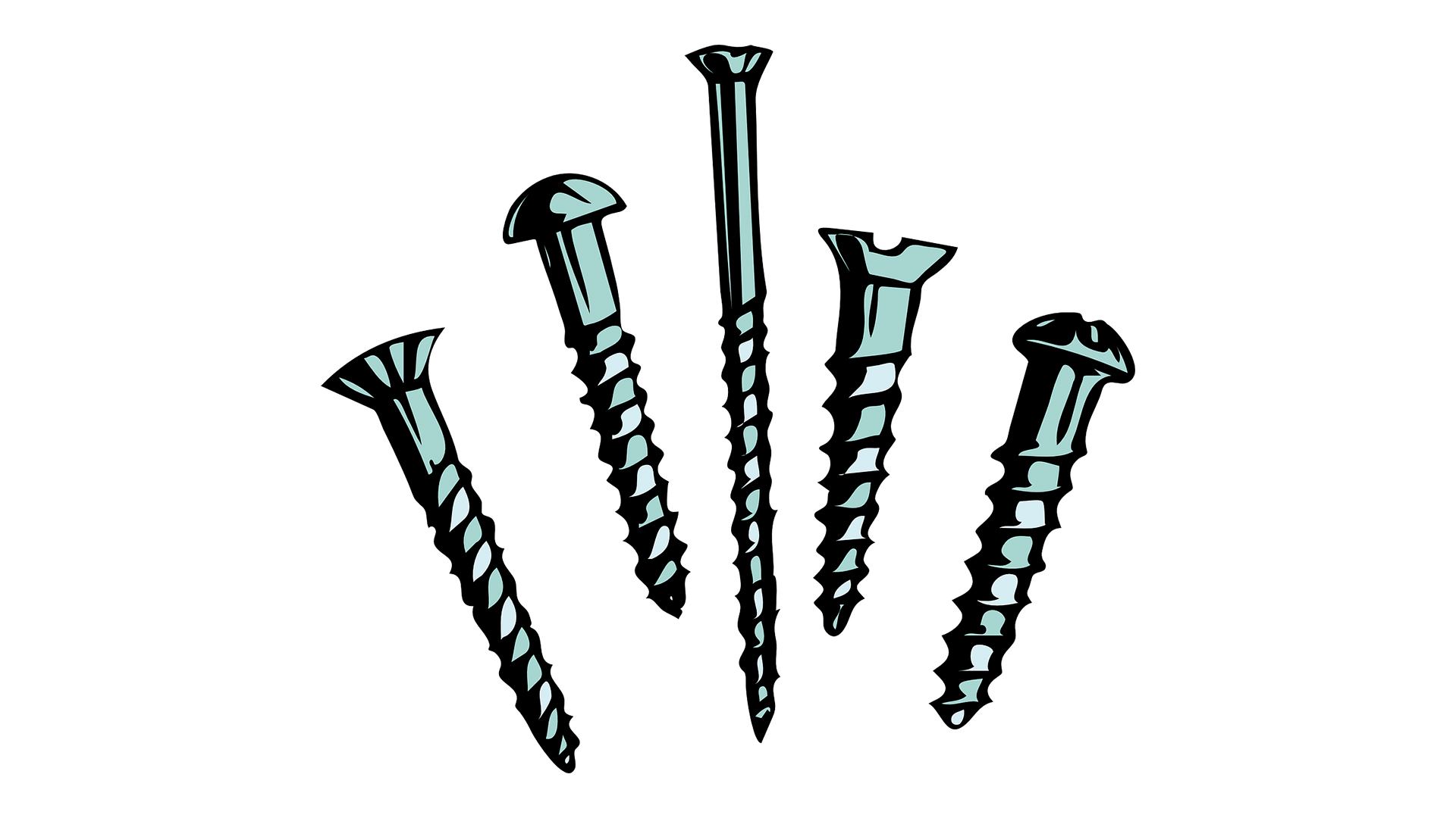 a figura tem o fundo branco e, da esquerda para a direita, mostra cinco parafusos arrumados em leque. O parafuso mais à esquerda tem a cabeça chata; o segundo tem a cabeça redonda; o do meio tem um tamanho maior que os demais e tem a cabeça chata; em seguida, um parafuso de cabeça chata com fenda; e, finalmente, um de cabeça redonda com fenda. 