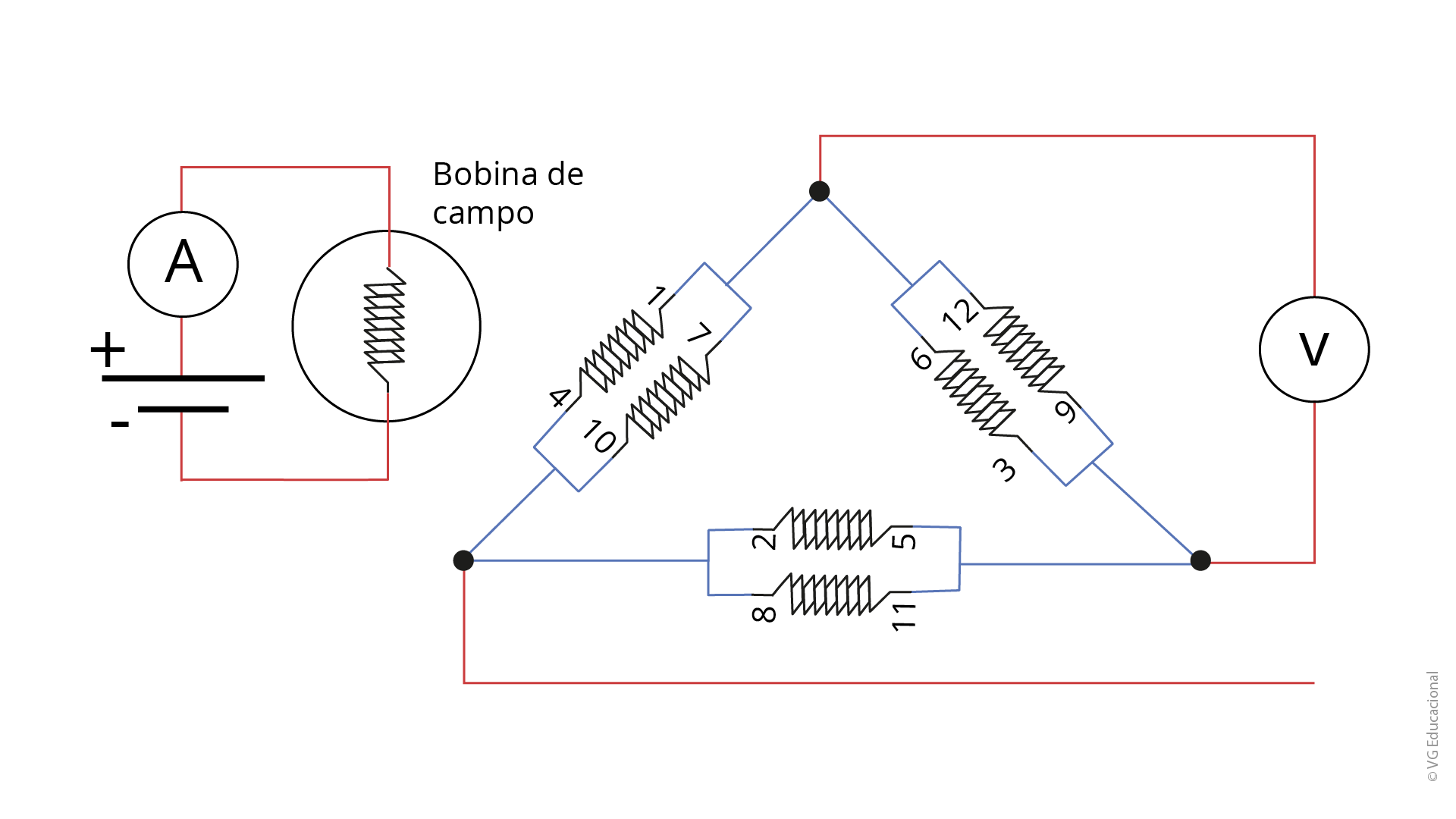 #PraCegoVer: a figura apresenta o circuito equivalente experimental e suas respectivas ligações do ensaio a vazio de uma máquina síncrona. O circuito experimental tem uma parte representando o rotor (lado esquerdo) e outra parte representando o estator (lado direito). O rotor é retratado por uma bobina de campo, e o estator pelos seus enrolamentos e suas devidas conexões. Essas conexões estão numeradas para identificar a correta instalação das fases da máquina. Cada fase tem duas bobinas, e cada uma é numericamente identificada com o seu respectivo número, objetivando, com isso, a correta instalação da máquina no circuito experimental.