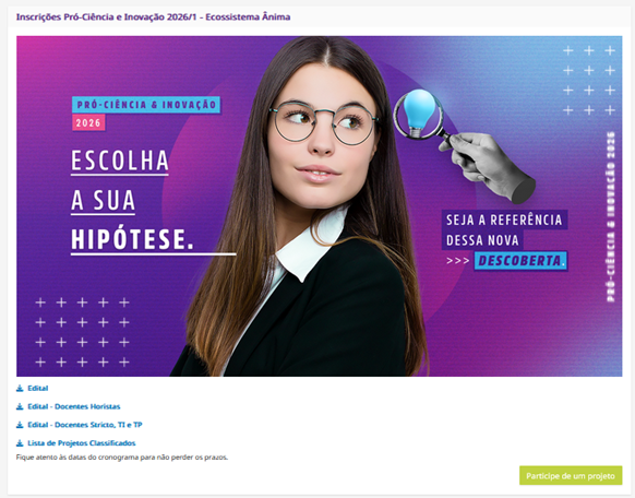 Página do Pró-Ciência & Inovação na Plataforma de Pesquisa